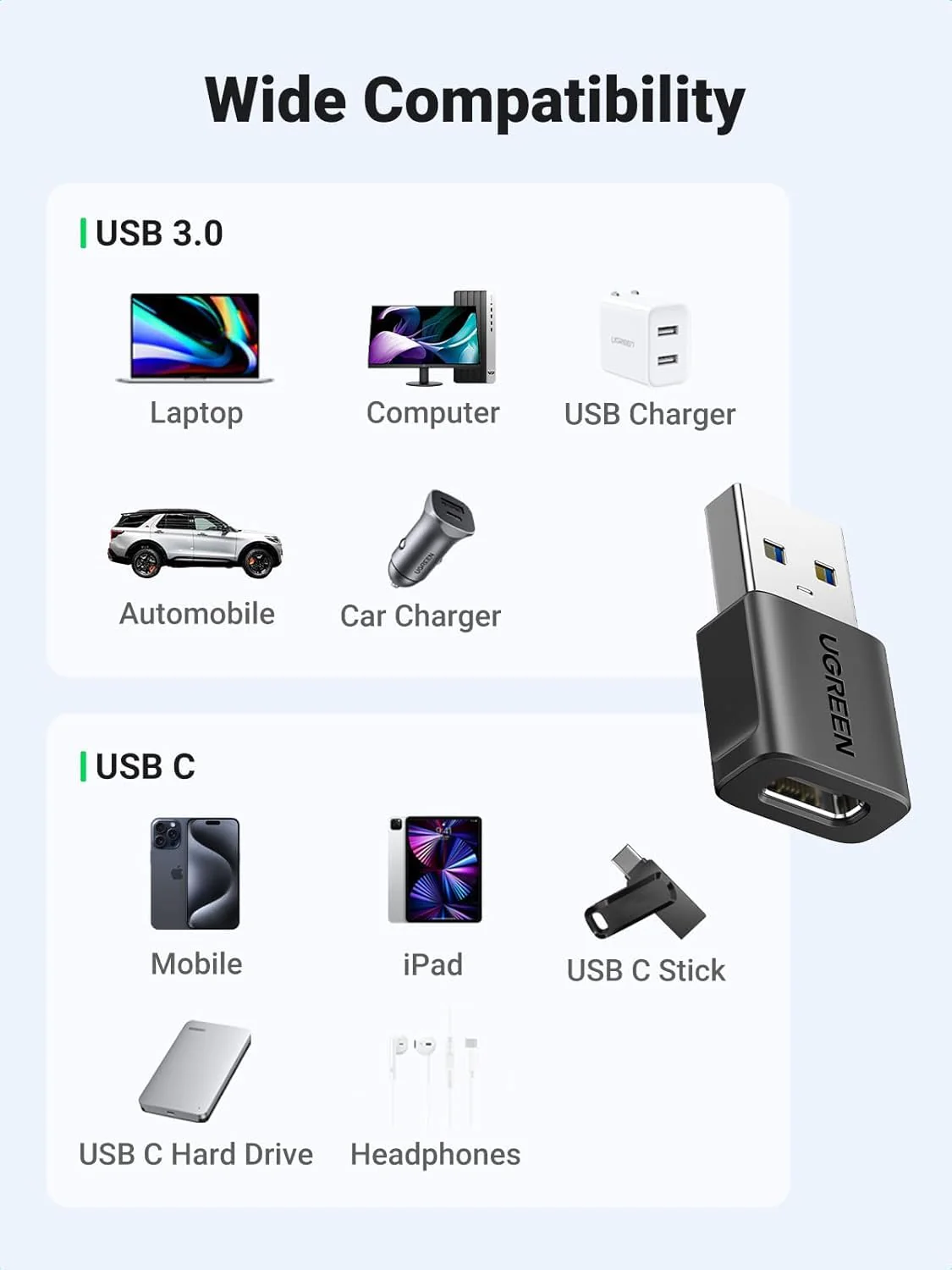 UGREEN USB to USB C Adapter 3 Pack, 10Gbps Data Transfer USB A to USB C Adapter Car Charger Adapter for iPad iPhone 17 16 Pro Max Galaxy S24 S23 Pad Air Mini, Car Play, PC/Laptop,Hard Drive Enclosure - Image 4