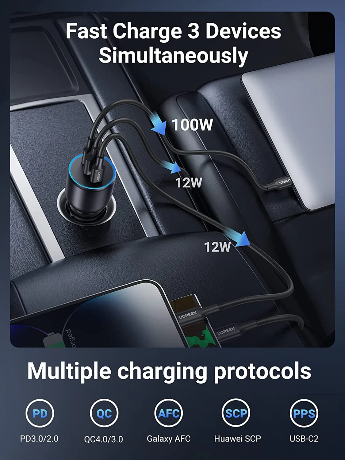 UGREEN 130W USB-C Car Charger 3 Ports - Image 3