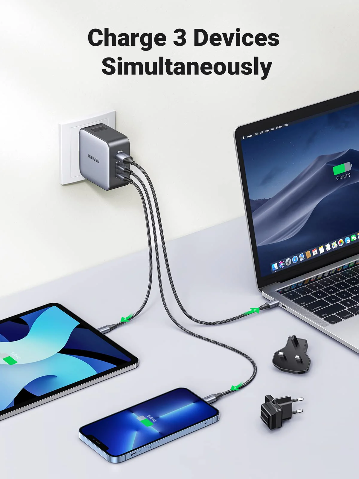 UGREEN 65W Nexode GaN USB C 3-Port Charger With US/UK/EU Plug for Travel - Image 3