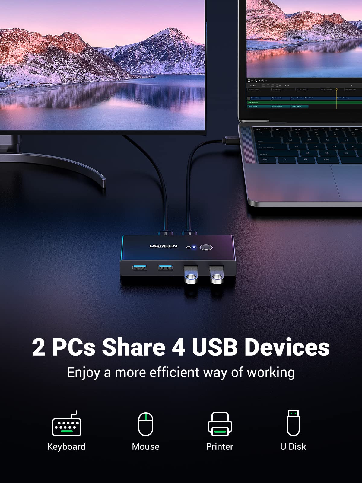 UGREEN 2 In 4 Out USB 3.0 Switch with 2 Pack USB Male Cables - Image 6